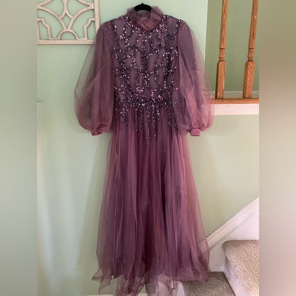 Purple long sleeves high neck evening dress fully lined - Picture 3 of 5